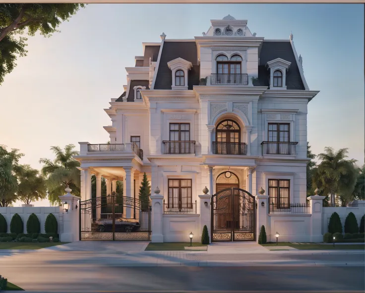 masterpiece,best quality, 8k uhd, a close up of a drawing of a house with a gate, highly detailed architecture, highly detailed - n 4, hihgly detailed, frontview, inter dimensional villa, an extremely detailed building, 3d highly detailed, 3 d highly detai...
