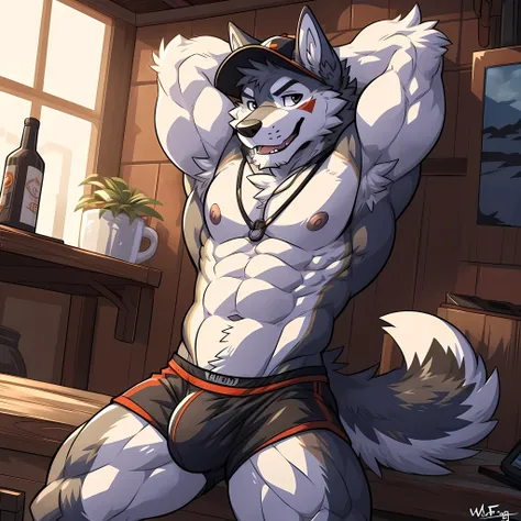 ((by wfa)), canid, canine, canis, mammal, wolf, <3, abs, anthro, bulge, black baseball cap, black jockstrap, black nipples, hands behind head, clothing, detailed bulge, fur, grey body, grey fur, male, muscular, muscular anthro, muscular male, nipples, pecs...