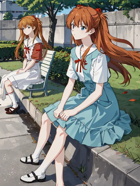 (masterpiece, highest quality), Asuka, 1 girl, hair blowing in the wind, tsundere expression, wallpaper, park background, wink, white dress, sitting on a park bench, close, characters in the middle, warm tones, minimalist, --v6