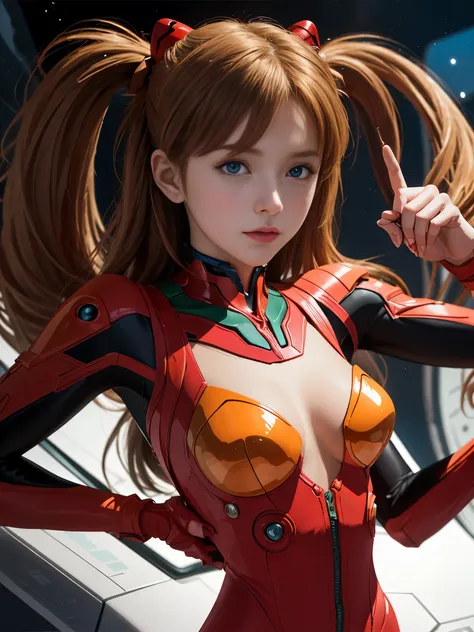 （俯瞰figure），dynamic angle，dynamic pose，super detailed，figure，close-up of，straight，1 girl huge big tits，Soul Asuka Langley，
 （（Soryu Asuka Langley，interface headset，red bodysuit：1.5，blonde）），彼女の目はdream-like星のように輝いていた，（glow eye：1.233），（beautiful and delicate ...