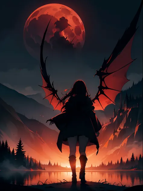 illustration, dark theme, (red moon:1. 2), (night, fog, dystopia, lake, burning hell, despair), long hair, huge wings, robe, legwear, boot, (from away:1. 05), far, wide shot, 16k, UHD, HDR, (Masterpiece:1. 5), (best quality:1. 5),