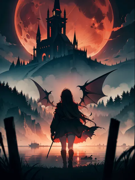 illustration, dark theme, (red moon:1. 2), (night, fog, dystopia, lake, burning hell, despair), long hair, huge wings, robe, legwear, boot, (from away:1. 05), far, wide shot, 16k, UHD, HDR, (Masterpiece:1. 5), (best quality:1. 5),