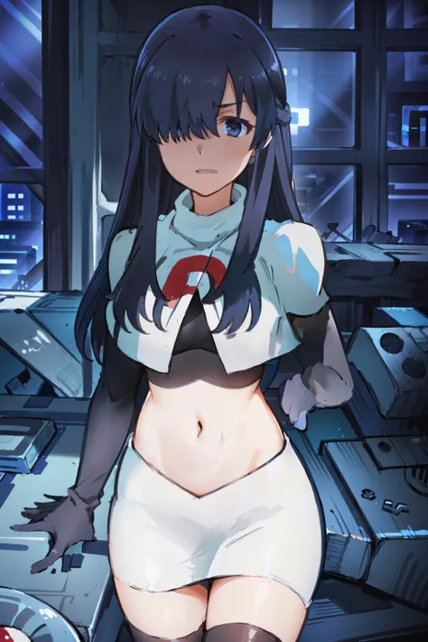 (((pixel-perfect, detail-perfect))), solo, 1girl, ayase ayatsuji, hair over one eye,looking at viewer, team rocket,team rocket uniform, red letter R, white skirt,white crop top,black thigh-highs,black elbow gloves,