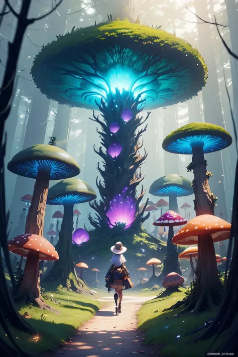 there is a woman in a hat and dress walking through a forest of glowing mushrooms, concept art inspired by rossdraws, artstation...