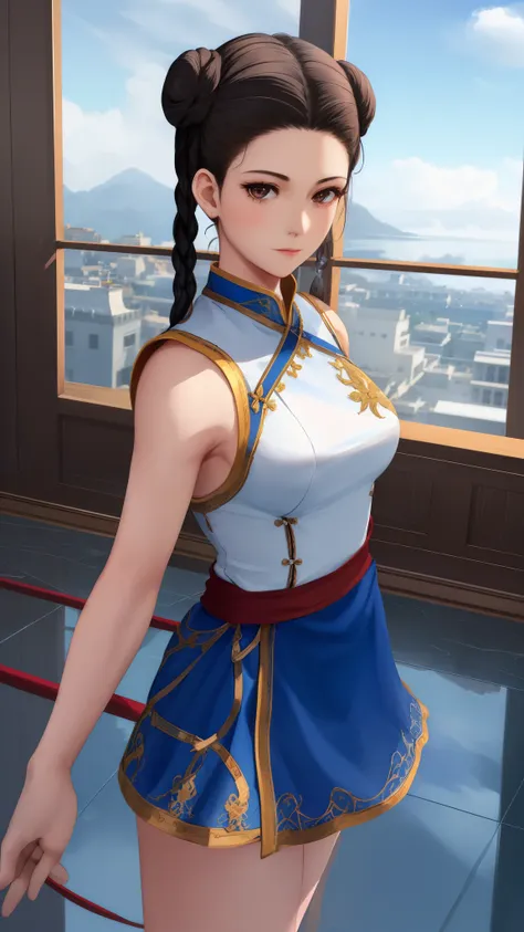 Paichang, single braid with blue ribbon, brown eyes, double bun,black hair,Are standing, alone , Upper body,  combat readiness, 
Paiati,White dress clothes, Red band, mini skirt、white panties、, sleeve less,
marble floor, blue sky, cloudy, evening,
(Extreme...