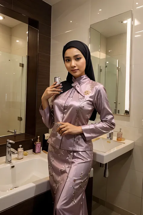 A photograph of beautiful malay lady with hijab, wearing beautiful kebaya, promoting expensive look perfume bottle in the bathroom