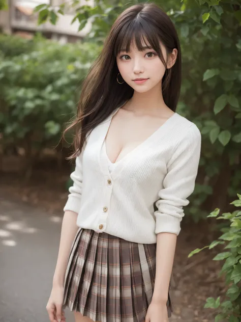 smile、night、Raw photo、(((ultimate beauty portrait)))、((glowing skin))、1 girl、15 year old beautiful girl from Prague、bright look、((brown hair))、(cleavage)、(plaid pleated skirt:1.5)、((Big eyes that shine like jewels))、open cardigan、open your clothes、pantyhos...