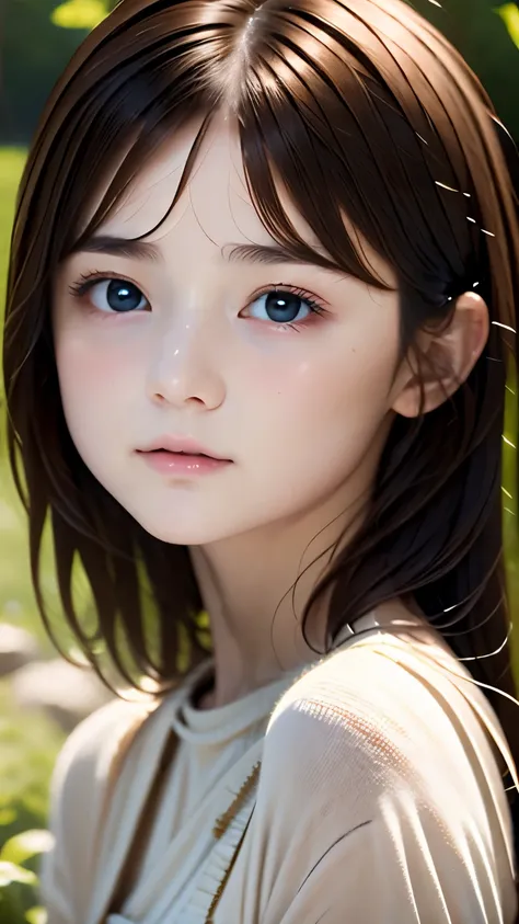 blurred background、anatomy、small face、detailed beautiful eyes、plump lips、detailed eyes and face、fascinating eye color、long eyelashes、1 girl、skin like white porcelain、Soft and delicate skin、bangs are short、medium long hair、brown hair、careful depiction of ha...