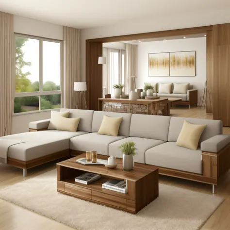 (( ultral realistic)) (( best quality)) modern living room,wood sofa, warm tone ,