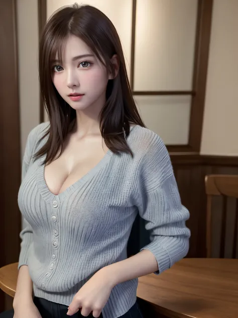 8K, top quality, table top:1.2), (realistic, Photoreal:1.37), top quality, table top, beautiful young woman, pensive expression,、attractive、and an inviting look, Oversized knitwear、cleavage, tie hair back, movie background, pale skin