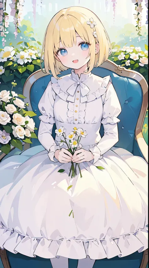 ((top-quality))、 ((masterpiece))、Matchmaking Photos、florals、Product Sample Costumes、Stand in front of the photo 、Eye Up、Opens mouth and laughs、a short bob、a blond、Flowers in the foreground、Strong bokeh、bustup、sit a chair、bio luminescent、radiant light