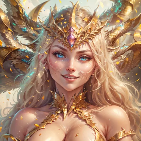 (best quality,4k,8k,highres,masterpiece:1.2), ultra-detailed, realistic, naked sexy dragon woman with gold glittering scales, skin is glittering golden scales, long wavy blonde hair, very playful but mischievous smile, huge tits, gigantic breasts, naked, n...