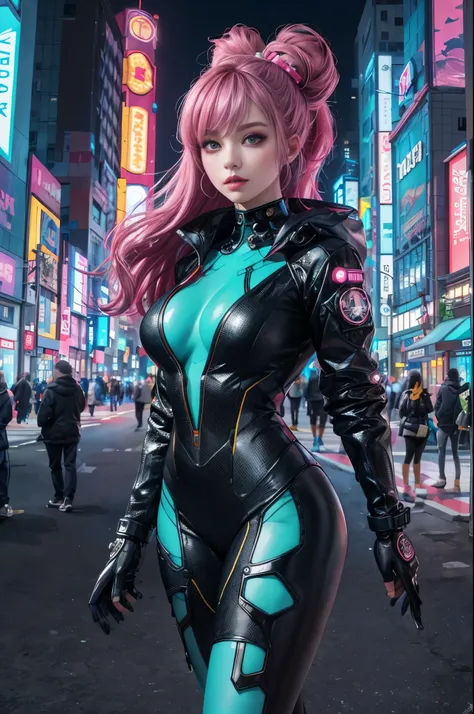 8k，masterpiece, best quality, Confident cyberpunk girl, full-body shot, Harajuku-style fashionable clothing, Bold colors and patterns, eye-catching accessories, Stylish and innovative hairstyle, Vibrant makeup, Cyberpunk’s dizzying cityscapes, skyscraper, ...