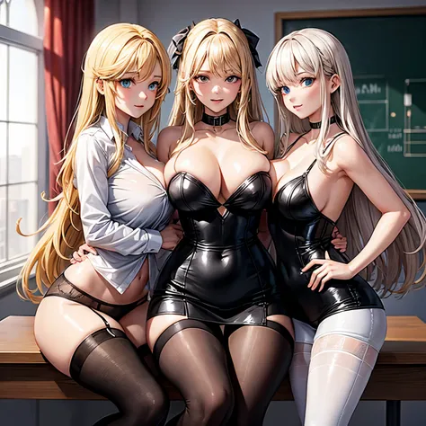 Three 20 year old girls, blonde hair, white shirt, deep v neckline, Empty classroom, BDSM, slave, Plump body shape, black lingerie, black pantyhose, Big emphasis, Emphasis on big buttocks, exposed chest, Sitting at the table, exposed buttocks, high heels, ...