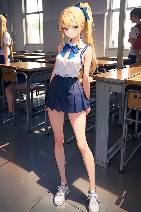 (beautiful), (cute), (hot), (thin), (16yo), (sunburned skin), (small), (medium breasts), (high ponytail), (blonde hair), (teenage girl), (Are standing), (good), (classroom), (thinウエスト), (frown), (shy), (shy arms), (embarrassing), (Mid-length dark blue plea...