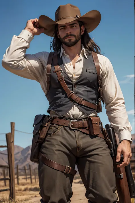 Um homem de 35 anos, with an amazing short beard in black, long straight hair also in black, destacando seus olhos azuis deslumbrantes e um corpo atraente, immersed in a western setting inspired by Red Dead, wearing an authentic cowboy outfit and with a ho...