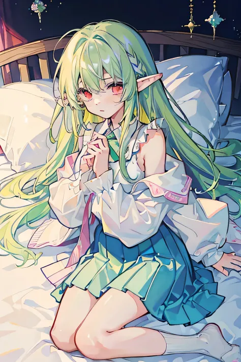 Cute as a dream、a pale、​masterpiece、top-quality、top-quality、watercolor paiting(Curly)、official art、Beautifully Aesthetic:1.2)、(a beauty girl:1.atterns、(、shoulder length Green hair, ((long hair)), colourful hair:1.2)、sparkles、colourfull、Hair spreads through...