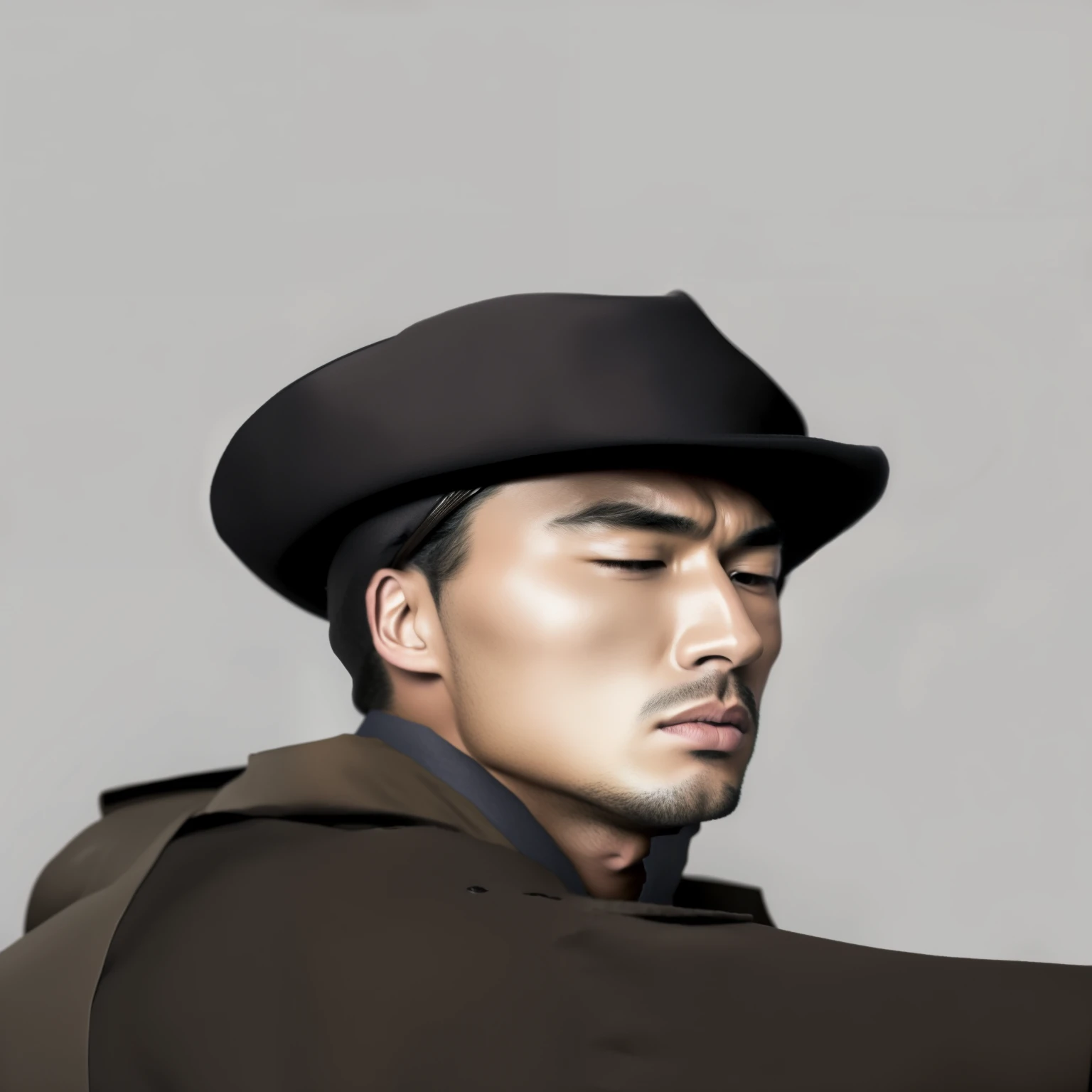 one wearing a hat and coat、close-up of a man with a gun, frowning，eyebrows raised，lips closed，looks anxious，