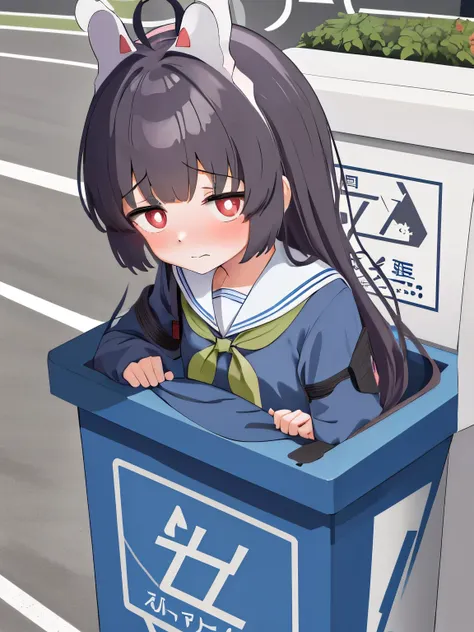 masterpiece, hd, best quality, highres, 1girl miyu, school uniform, anime girl hidding inside a trash can on the side of the roa...