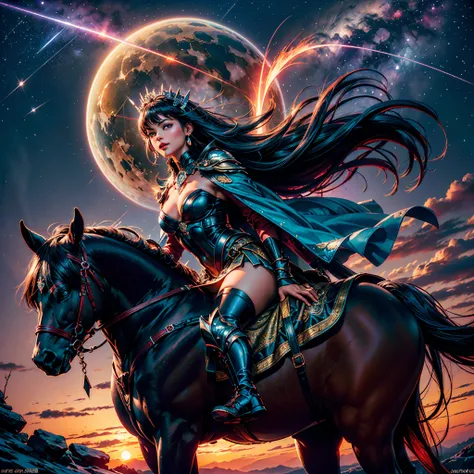 (Predator`s Planet) radiant Nebulae stars hyper borealis starry_sky shootingstar vivid sunset panoramic sunrise epic sunshine (Predator from the movie) wearing heavy sexy armors outfit leather, Predator riding a horse palefroi jump in the sky around Burnin...