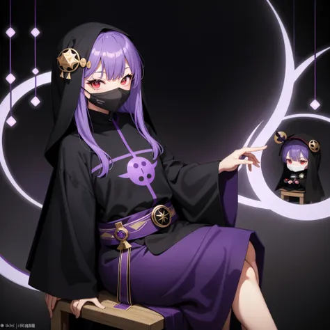 Onna no ko、1 person, alone, , a bit,black mask、 red eyes, comic strip,, , Thick black outline,、purple robe、purple veil、purple hejab、fortune teller、a bit Chara、He holds a round light blue crystal in his hand.。.、sitting in a chair、mysterious background、