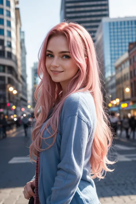 Woman, long wavy hair, pink hair, blue eyes, city scene, realistic, smile, light color,Highlighted blue eyes 