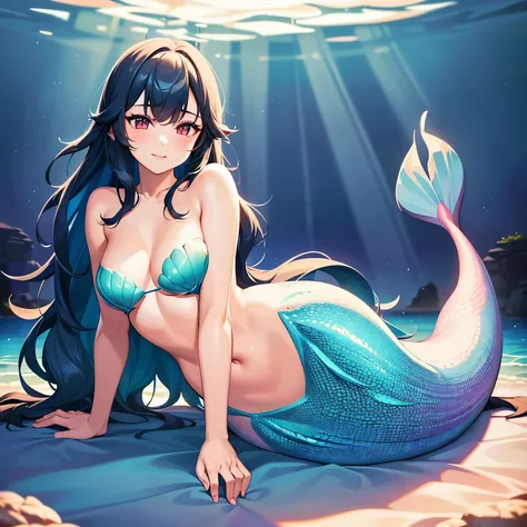 (best quality, 4k, highres, masterpiece:1.2), ultra-detailed, realistic:1.37, underwater, teenage boy discovering a magic pearl, transforming into a cute female mermaid, delicate facial features, beautiful detailed eyes and lips, long and flowing black hai...