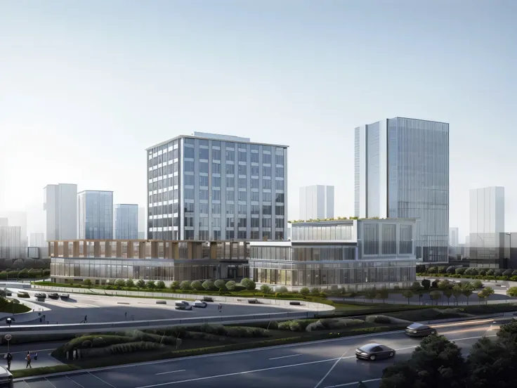((best quality)),((masterpiece)),((Reality)),blue sky,Commercial Building,architectural design,There is a square in front of the building,In front of the square is the road,There are many cars on the road,There are many people in the square,Owns high-rise ...