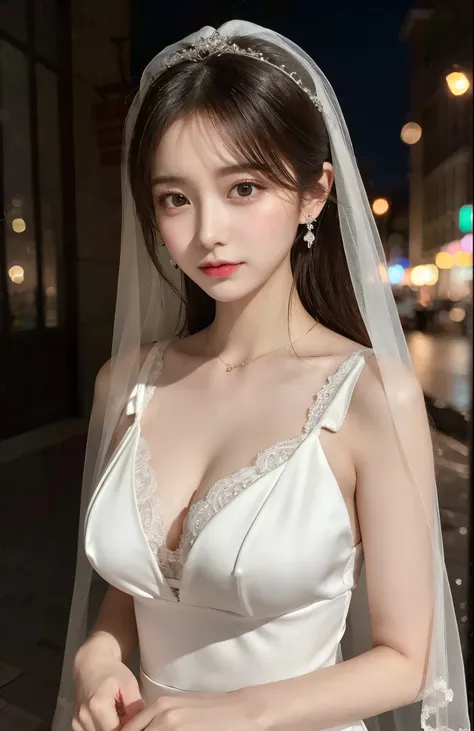 Untidy posture, (very delicate and beautiful work), (masterpiece), 1 girl, Girl in wedding dress, veil, lace, HD, ridiculous, charming expression, beautiful clear eyes, green eyes, delicate necklace, exquisite earrings, Simple background blur, Ultra-fine d...