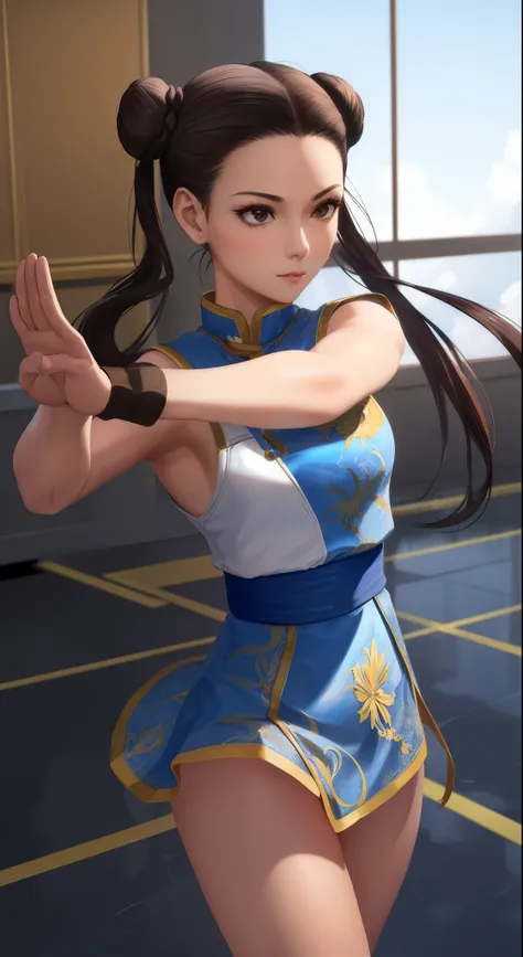 Paichang, Blue ribbon ponytail, brown eyes, double bun,bright hair,Kungfu pose standing, alone , ,  combat readiness, 
Paiati,White Mini Cheongsam, band, mini skirt、white panties、, sleeve less,
marble floor, blue sky, cloudy, evening,
(Extremely detailed, ...