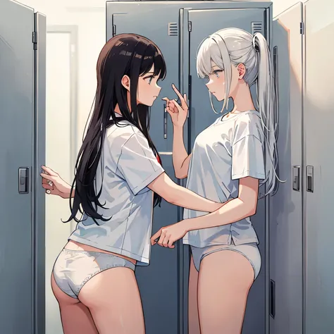 (master piece, high quality), multiple girls, school locker room, (white panties), white t-shirt, Change of clothes, peak, soft light