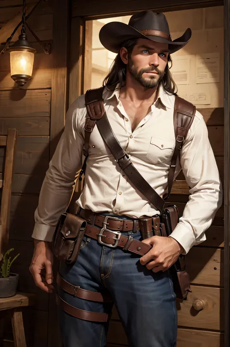 Um homem de 35 anos, with an amazing short beard in black, long straight hair also in black, ((destacando seus deslumbrantes olhos azuis)) e um corpo atraente, olhando para frente, immersed in a western setting inspired by Red Dead, wearing an authentic co...