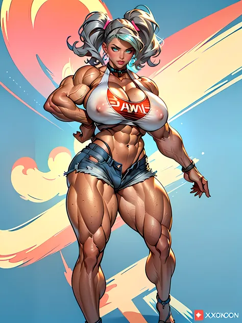 (high quality, best rendering), (beautiful girl), (((accurate anatomy))), blue eyes, gray hair(bombshell, pin-up style), psychopath, crazy face, sexy pose, jean short shorts, tank top, pastel, centered, scale to fit dimensions, micro thong, micro bikini, c...