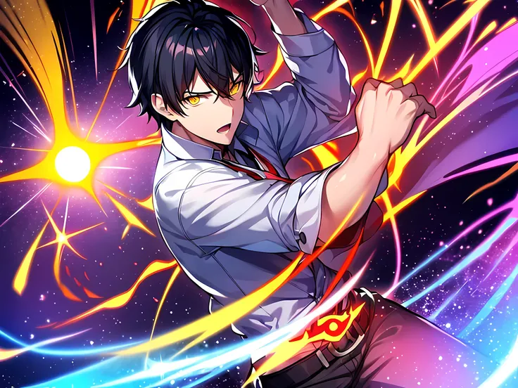 a man with a black short hair, yellow eyes, wearing white school shirt, an epic anime of a energy man, this character has red glowing aura on his body, colorful glowing magic spell in the air, swirling portal, dark magic, anime wallaper, trigger anime arts...