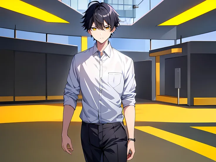 a man with a black short hair, yellow eyes, wearing white school shirt, ordinary school boy, walking in the school, the background is at korean school, anime wallaper, trigger anime artstyle, epic anime style, high quality anime artstyle, badass anime 8 k,...