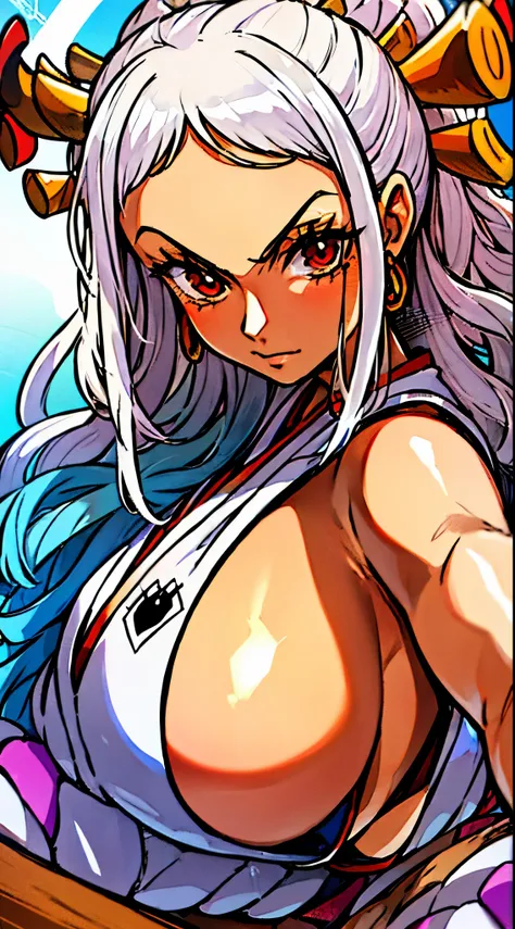 best quality, expressive eyes, perfect face, yamato, oni, kimono, red eyes, sfw, 28years old, shiny skin, shiny hair, tall female, huge breasts, yamato (one piece), sideboob, multicolored hair, white hair, kimono, pov, sexy, hot spring