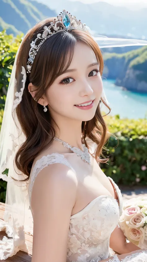 (best quality, on the table:1.2), (actual:1.3), (Super detailed background, Detailed background), Bokeh,taken from the side,  ((medium breasts)), [Beautiful valley],(Princess line wedding dress:1.3),(Neck:1.5), Bridal tiara, wedding veil, bridal gloves,  U...