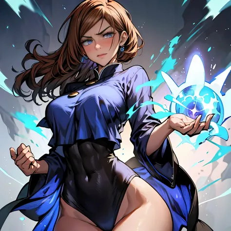 great quality, (1 woman), very focused face, nobara, kugisaki, diamond face, perfect eyes, (wearing mage robe), mage robe, magic,  strong shadows, full body, detailed face, (casting spell), blue flashes of light, blue sparks, in battle, detailed abs, shiny...