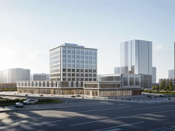 ((best quality)),((masterpiece)),((Reality)),high detail,Clear,blue sky,Commercial Building,architectural design,There is a square in front of the building,In front of the square is the road,There are many cars on the road,There are many people in the squa...