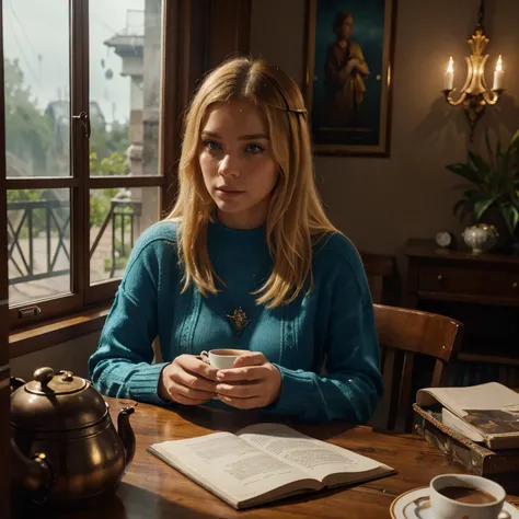 The image depicts a young European girl with blonde hair Blue eyes sitting at a table, looking out the window while theres a thunderstorm outside the window, She is wearing a red sweater and black pants, and has a cup of coffee in front of her., style Karo...