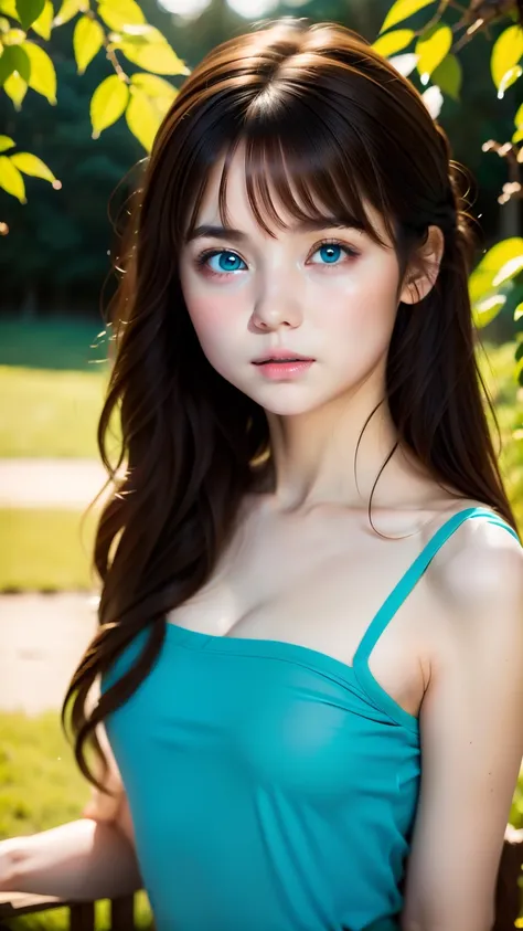 blurred background、anatomy、russian２０talented woman、small face、detailed beautiful eyes、plump lips、detailed eyes and face、turquois...