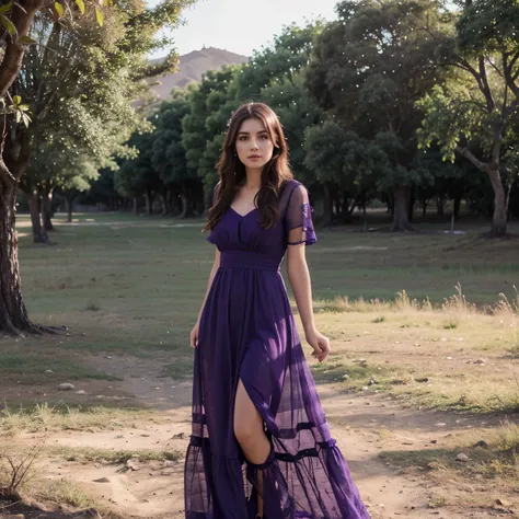 Photoshoot, quiseañera, paisaje hermoso, vestido morado, realista