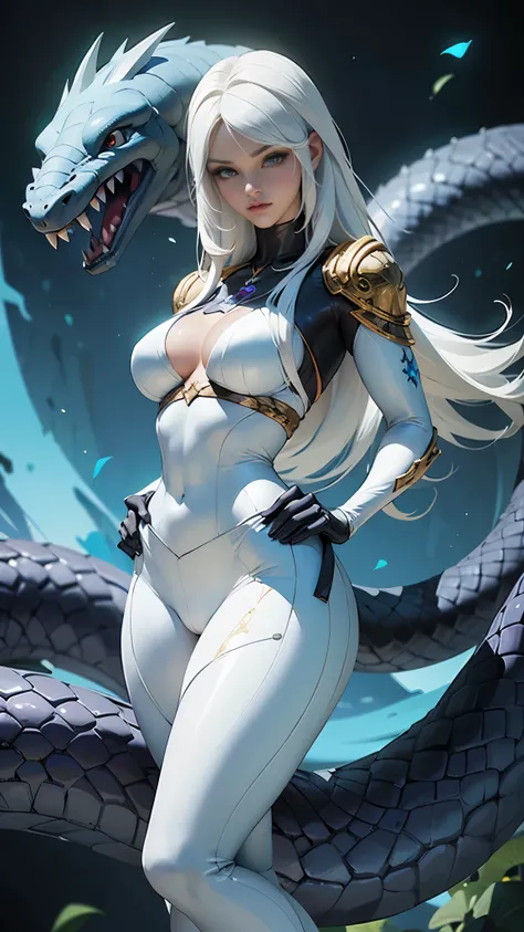 (La mejor calidad,A high resolution,Ultra - detallado,actual), Selena Gomez con un bodysuit blanco con una serpiente gigante blanco, Reina de las serpientes, (hermosos ojos azules), (fondo piedras grandes negro:1.4) , (pose vaquero ), (realistic) ,Arte det...