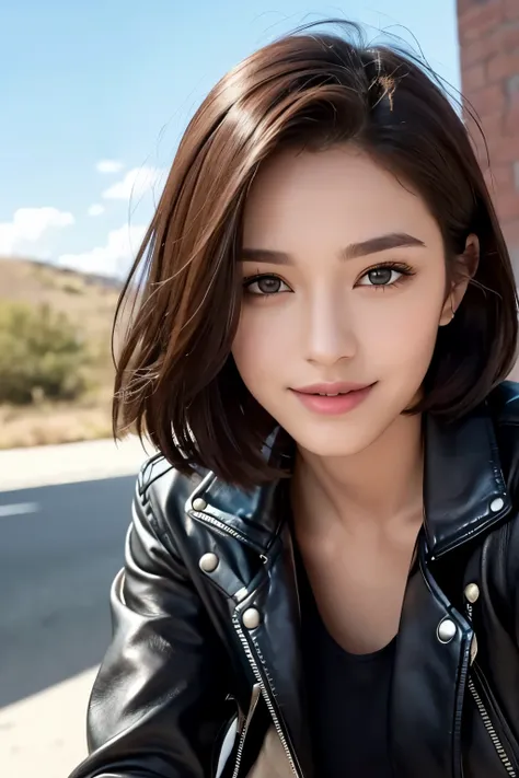 ((best quality)), ((masterpiece)), (leather jacket), ((detailed face)), detailed eyes, perfectly shaped beautiful woman&#39;s face、((I can see the whole body))、Motorcycle Women, smile, Metallic boots, The wind is blowing、short hair