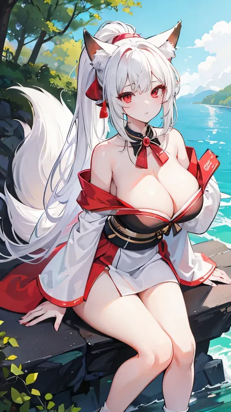 1 girl（masterpiece，top quality，best quality，official art，Beauty and aesthetics：1.2），white hair，red eyes，long hair，ponytail，big sister，tall figure，enchanted，enchanting，Flushed complexion，Feminine smile，Very, very big，super gigantic breasts，Breasts larger th...