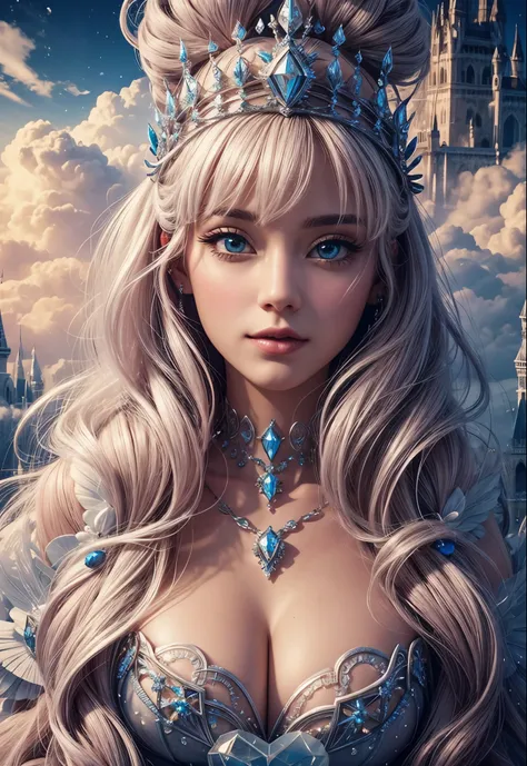 cotton candy queen women goddess 8k resolution rendered hyper realistic intricate detail lives in an frosty heart shaped ice bub...