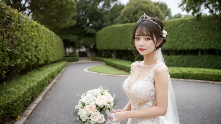 (best quality, on the table:1.2), (actual:1.3), (Super detailed background, Detailed background), Bokeh,taken from the side,  ((Large breasts)), [Beautiful valley],(Princess line wedding dress:1.3),(Neck:1.5), Bridal tiara, wedding veil, bridal gloves,  Up...