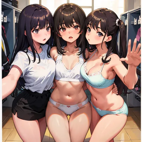 (master piece, high quality), multiple girls, Female student, Ten generations, small breasts, Gym locker room, (white panties), white bra, kiss, hug, (group selfie), soft light, bright