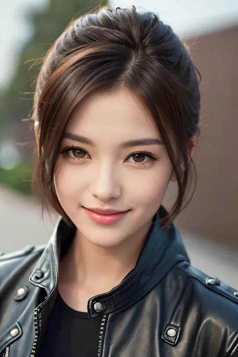 ((best quality)), ((masterpiece)), (leather jacket), ((detailed face)), detailed eyes, perfectly shaped beautiful woman&#39;s face、((I can see the whole body))、Motorcycle Women, smile, Metallic boots, The wind is blowing、short hair