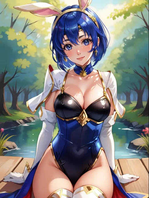 face of catria (fire emblem), short hair, blue hair, headband ,1girl, solo, perfect breasts, ,earrings glossy lips ,looking at v...